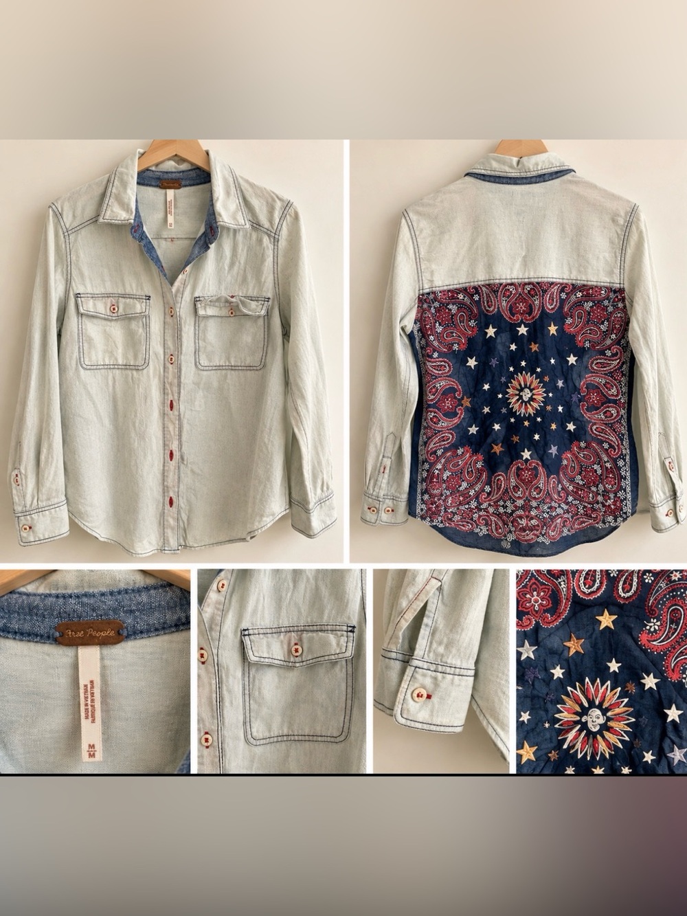 Light Wash Denim-Look Women's Button Shirt with Bandana Back